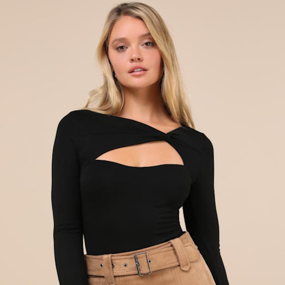 Lulus Perfectly Impressive Black Twist-front Long Sleeve Bodysuit - Size M